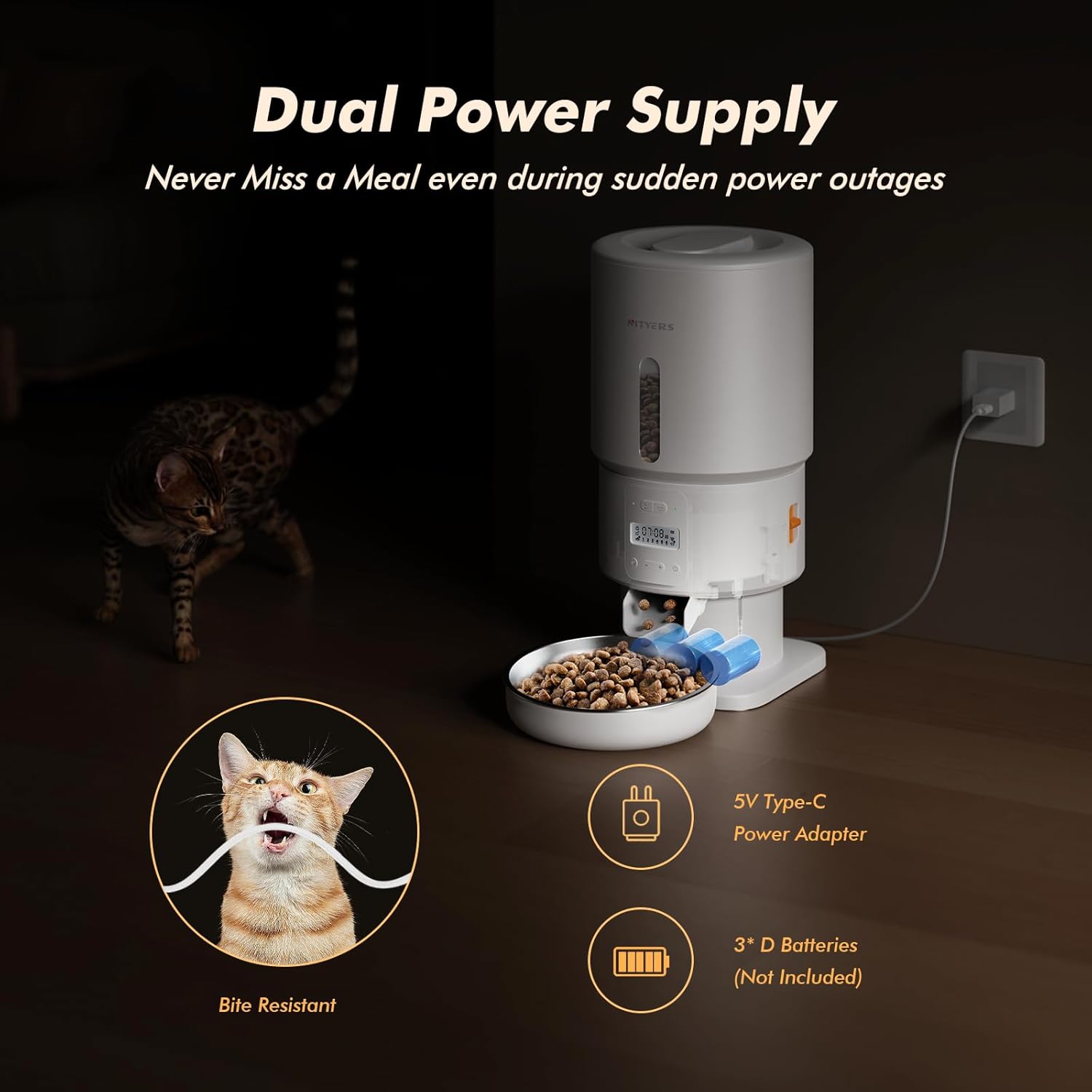 Automatic Cat Feeder, 5L/21 Cups Cat Food Dispenser with Stainless Steel Bowl & Desiccant Bag, Dual Power Supply, Up to 6 Meals, 10s Voice Recording