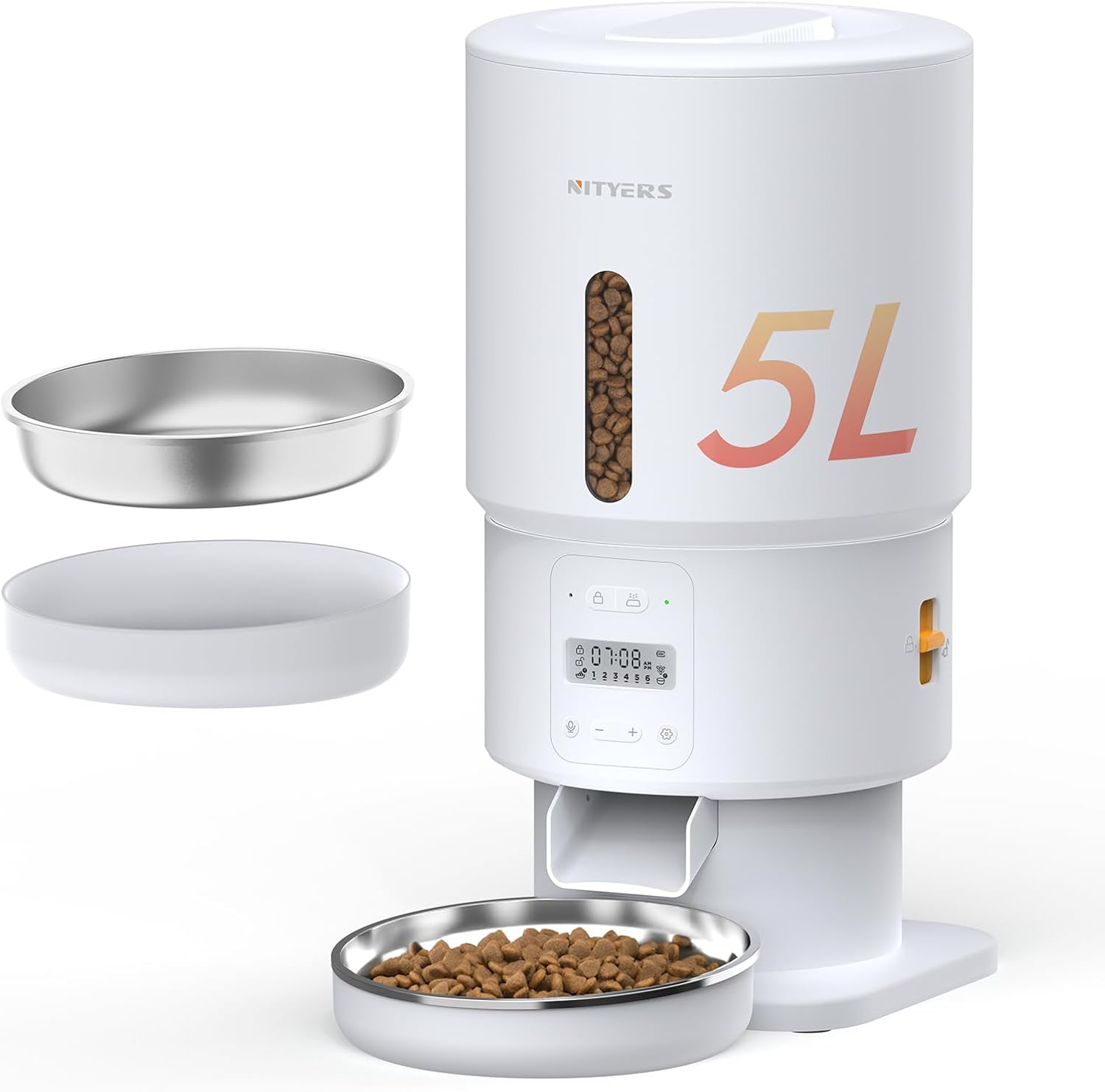 Automatic Cat Feeder, 5L/21 Cups Cat Food Dispenser with Stainless Steel Bowl & Desiccant Bag, Dual Power Supply, Up to 6 Meals, 10s Voice Recording