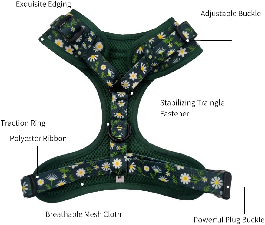 Adjustable Pet Harness and Leash Set—no-Pull, Lightweight, Breathable, Soft-Padded, Escape-Proof Comfortable for Puppies,Small Dogs,Cats,All Fur Animals. Leash for Easy Walks (Large, Floral)