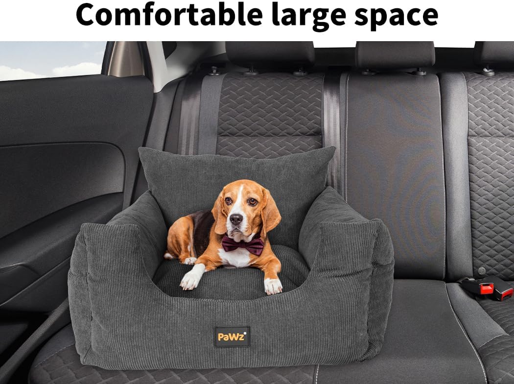 PaWz Pet Car Booster Seat Dog Protector Portable Travel Bed Removable Cover Grey M, Dog Car Seat with 2 Side Pocket, Safety Belt, 2 in 1 Pet Booster Seat Convert to Pet Bed for Front Seats