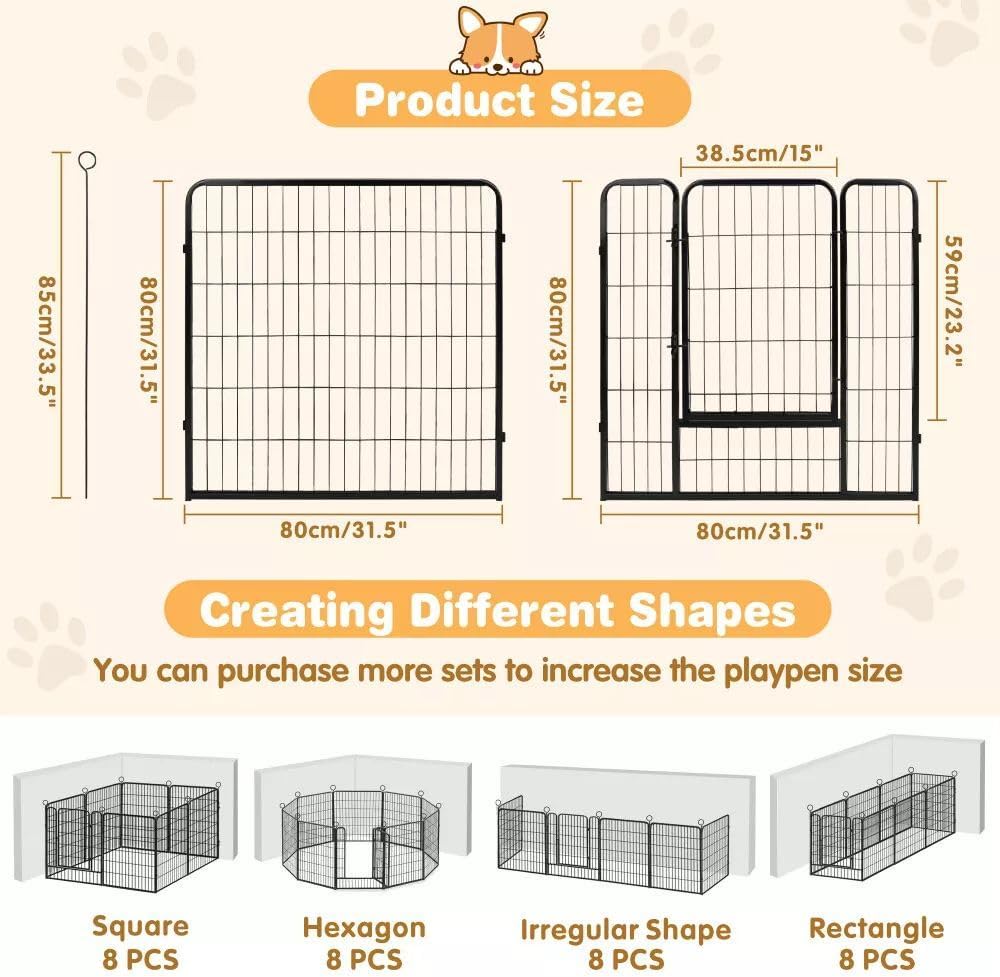 VAKA 32" Dog Playpen, 8 Panels Sturdy Metal Pet Exercise Pen, Extra Strong Folding Fence for Puppy, Rabbit, Chicken, 80cm High Portable Enclosure Fence for Indoor Outdoor Yard