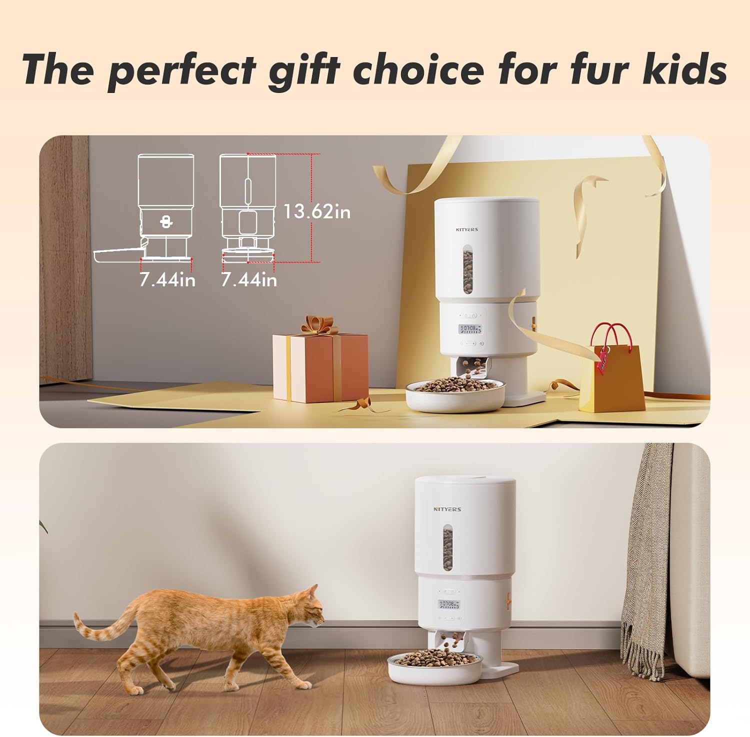 Automatic Cat Feeder, 5L/21 Cups Cat Food Dispenser with Stainless Steel Bowl & Desiccant Bag, Dual Power Supply, Up to 6 Meals, 10s Voice Recording