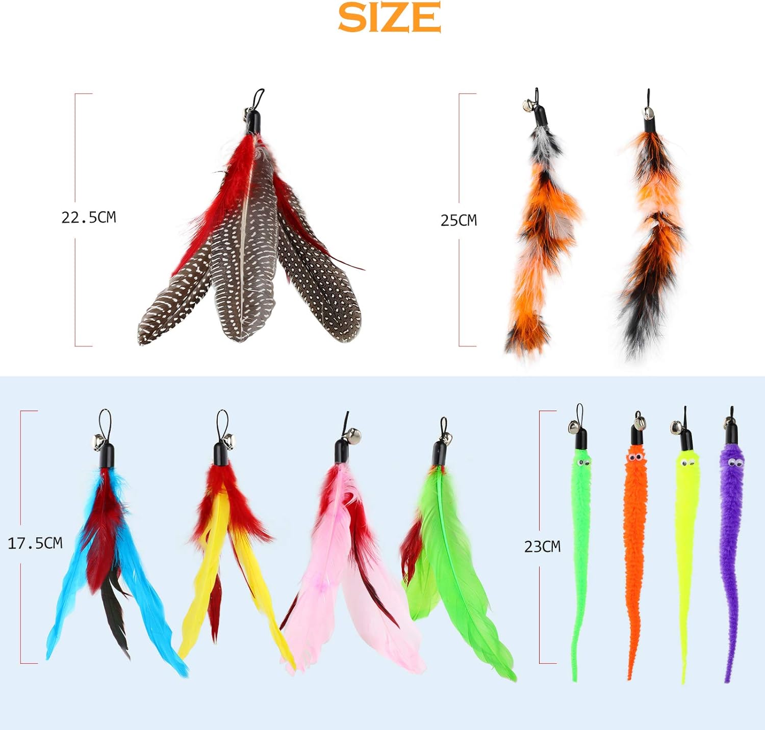 Hianjoo Feather Teaser Cat Toy Set 12 pcs, Interactive Toys for Cats 2 Retractable Cat Wand Funny Sticks and 10 Replacement Feather Teaser with Bell for Kitten Cat Catcher Having Fun Exercise Playing