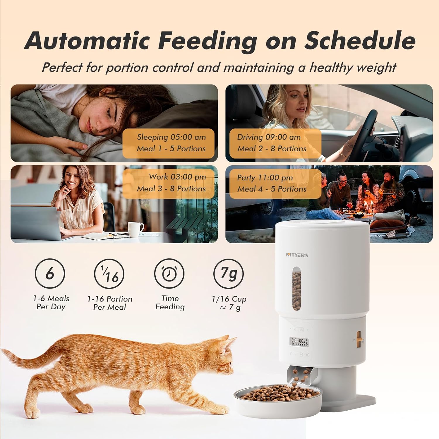 Automatic Cat Feeder, 5L/21 Cups Cat Food Dispenser with Stainless Steel Bowl & Desiccant Bag, Dual Power Supply, Up to 6 Meals, 10s Voice Recording