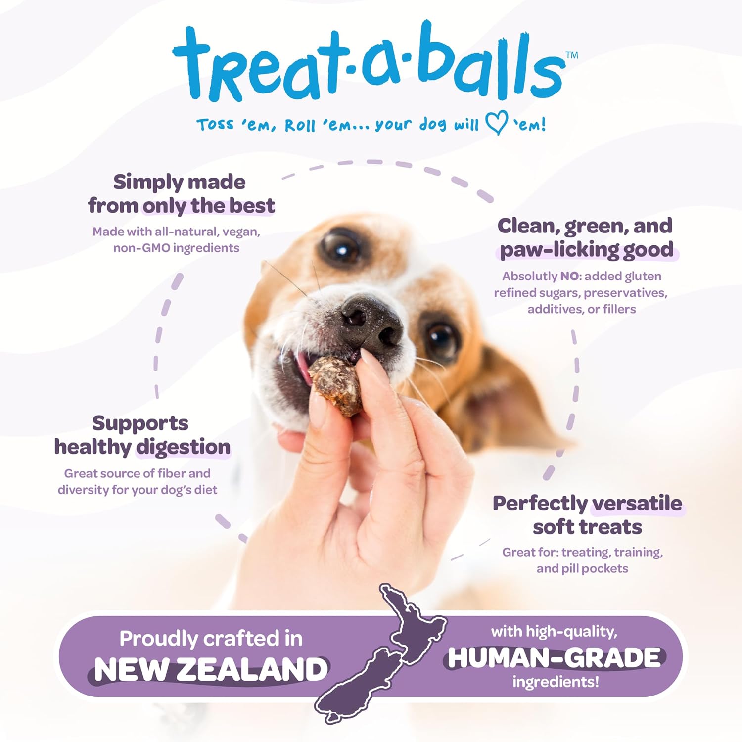TREAT-A-BALLS Chewy & Soft Dog Treats, All Natural, Non-GMO, Vegan, Gluten Free, Low Calorie Dog Treats for All Breeds & Sizes - Made in New Zealand, Peanut Butter, Blueberry, Banana 18pk