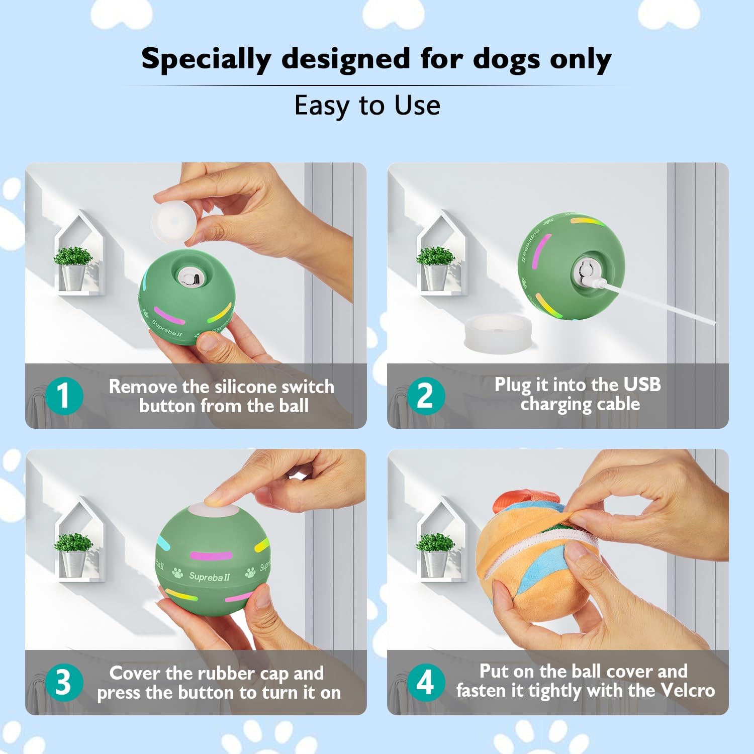 Dog Balls,The 3rd Generation Interactive Toys for Puppy/Small/Medium/Large Dogs,Improved Dog Rolling Effect Tennis Ball with Strap, Tough Motion Activated Automatic Moving Dog Toys (Green)