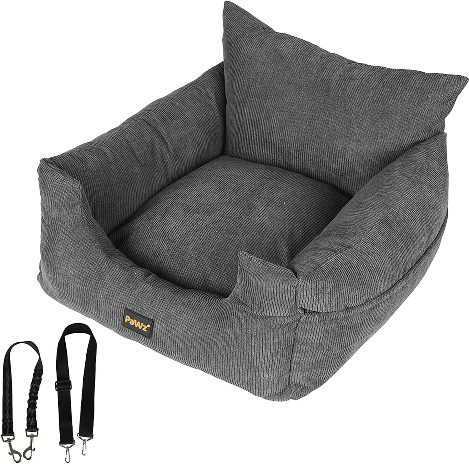 PaWz Pet Car Booster Seat Dog Protector Portable Travel Bed Removable Cover Grey M, Dog Car Seat with 2 Side Pocket, Safety Belt, 2 in 1 Pet Booster Seat Convert to Pet Bed for Front Seats