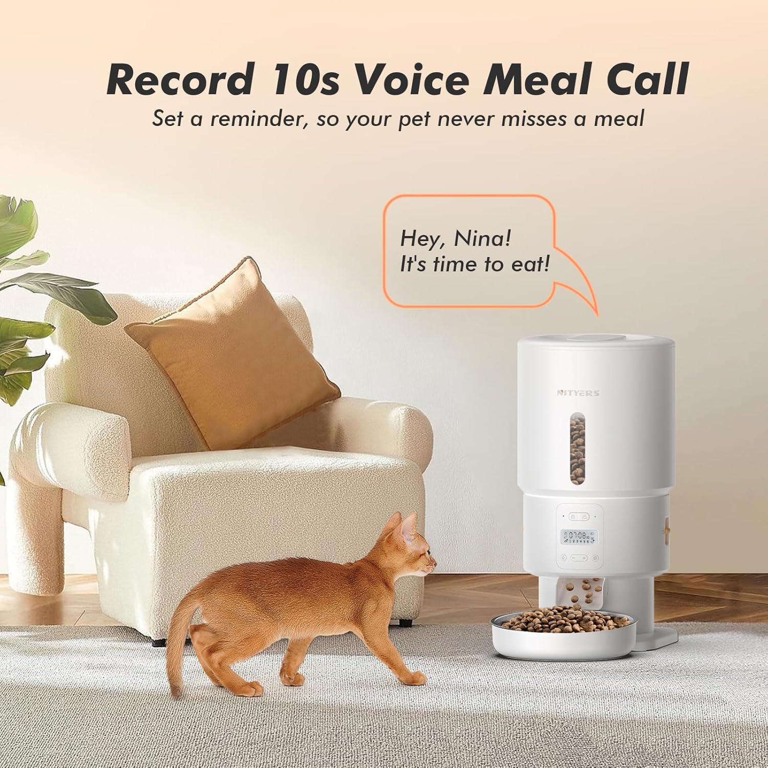 Automatic Cat Feeder, 5L/21 Cups Cat Food Dispenser with Stainless Steel Bowl & Desiccant Bag, Dual Power Supply, Up to 6 Meals, 10s Voice Recording