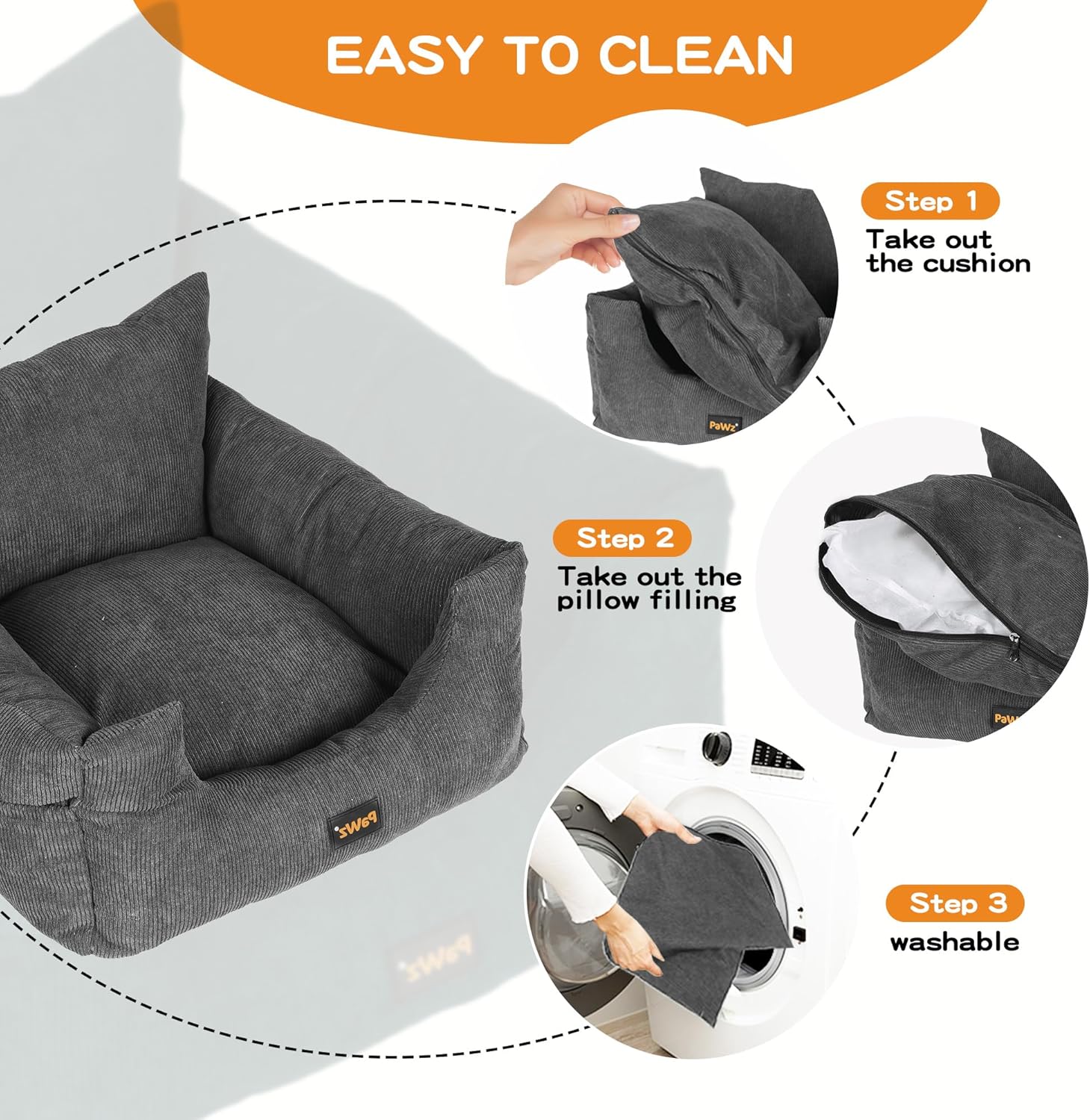 PaWz Pet Car Booster Seat Dog Protector Portable Travel Bed Removable Cover Grey M, Dog Car Seat with 2 Side Pocket, Safety Belt, 2 in 1 Pet Booster Seat Convert to Pet Bed for Front Seats