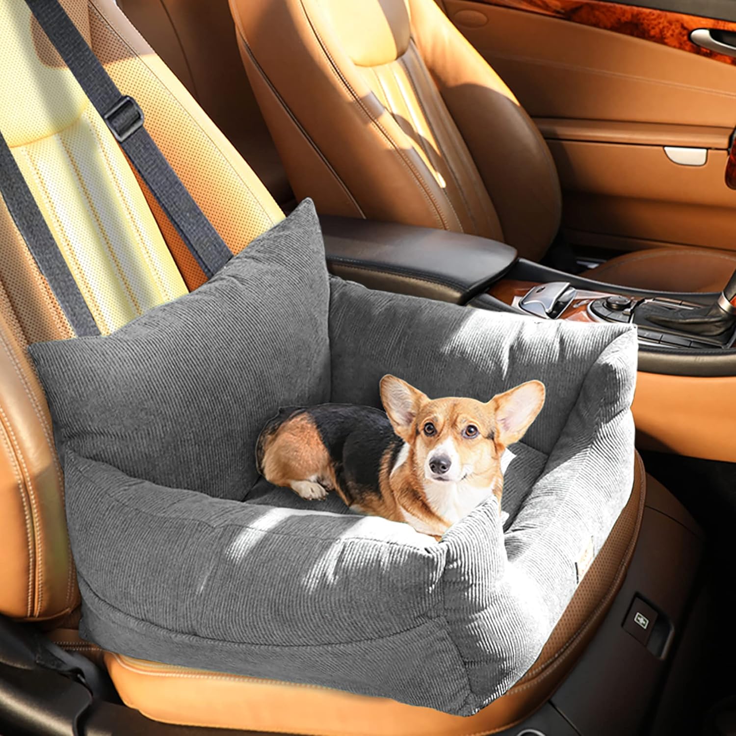 PaWz Pet Car Booster Seat Dog Protector Portable Travel Bed Removable Cover Grey M, Dog Car Seat with 2 Side Pocket, Safety Belt, 2 in 1 Pet Booster Seat Convert to Pet Bed for Front Seats