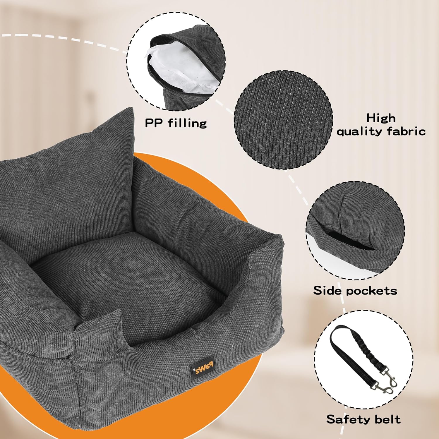 PaWz Pet Car Booster Seat Dog Protector Portable Travel Bed Removable Cover Grey M, Dog Car Seat with 2 Side Pocket, Safety Belt, 2 in 1 Pet Booster Seat Convert to Pet Bed for Front Seats