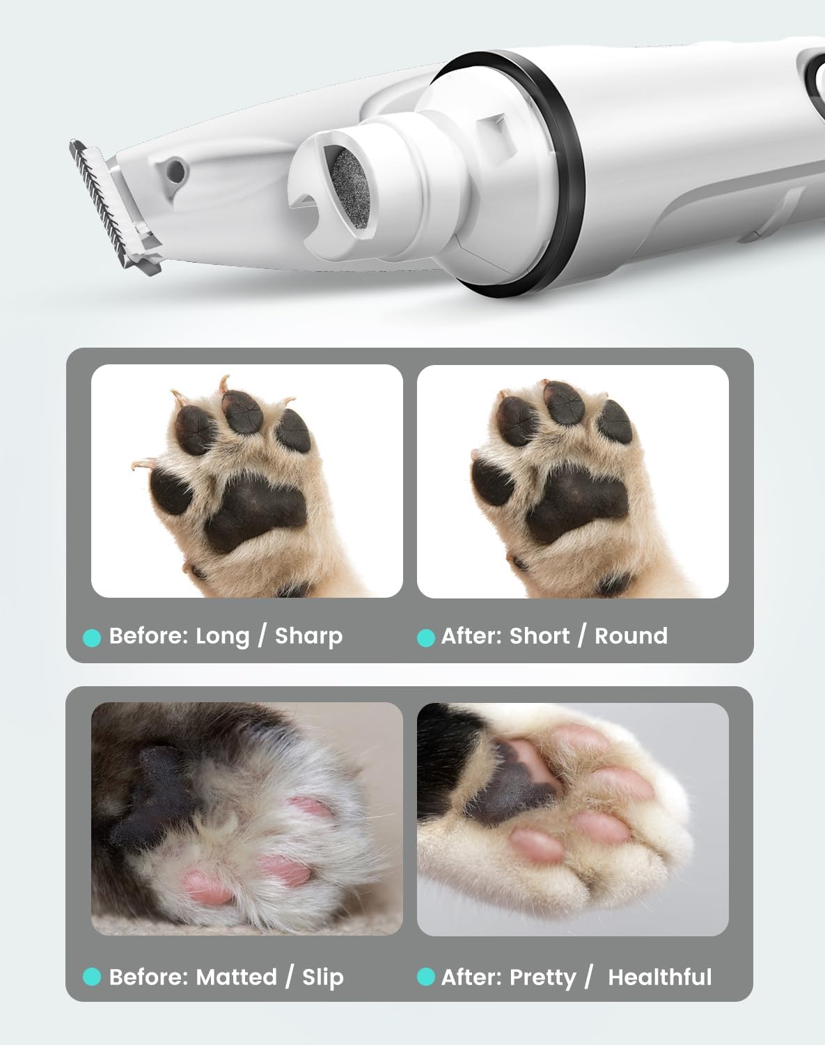 2 in 1 Dog Nail Grinder Quiet and Dog Paw Trimmer, Powerful Painless Electric Dog Nail Trimmers for Large Medium Small Dogs, Rechargeable Cordless Dog Hair Clippers for Paws, Ears, Eyes, Rump (White)