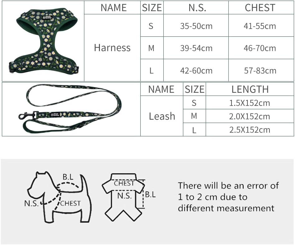 Adjustable Pet Harness and Leash Set—no-Pull, Lightweight, Breathable, Soft-Padded, Escape-Proof Comfortable for Puppies,Small Dogs,Cats,All Fur Animals. Leash for Easy Walks (Large, Floral)