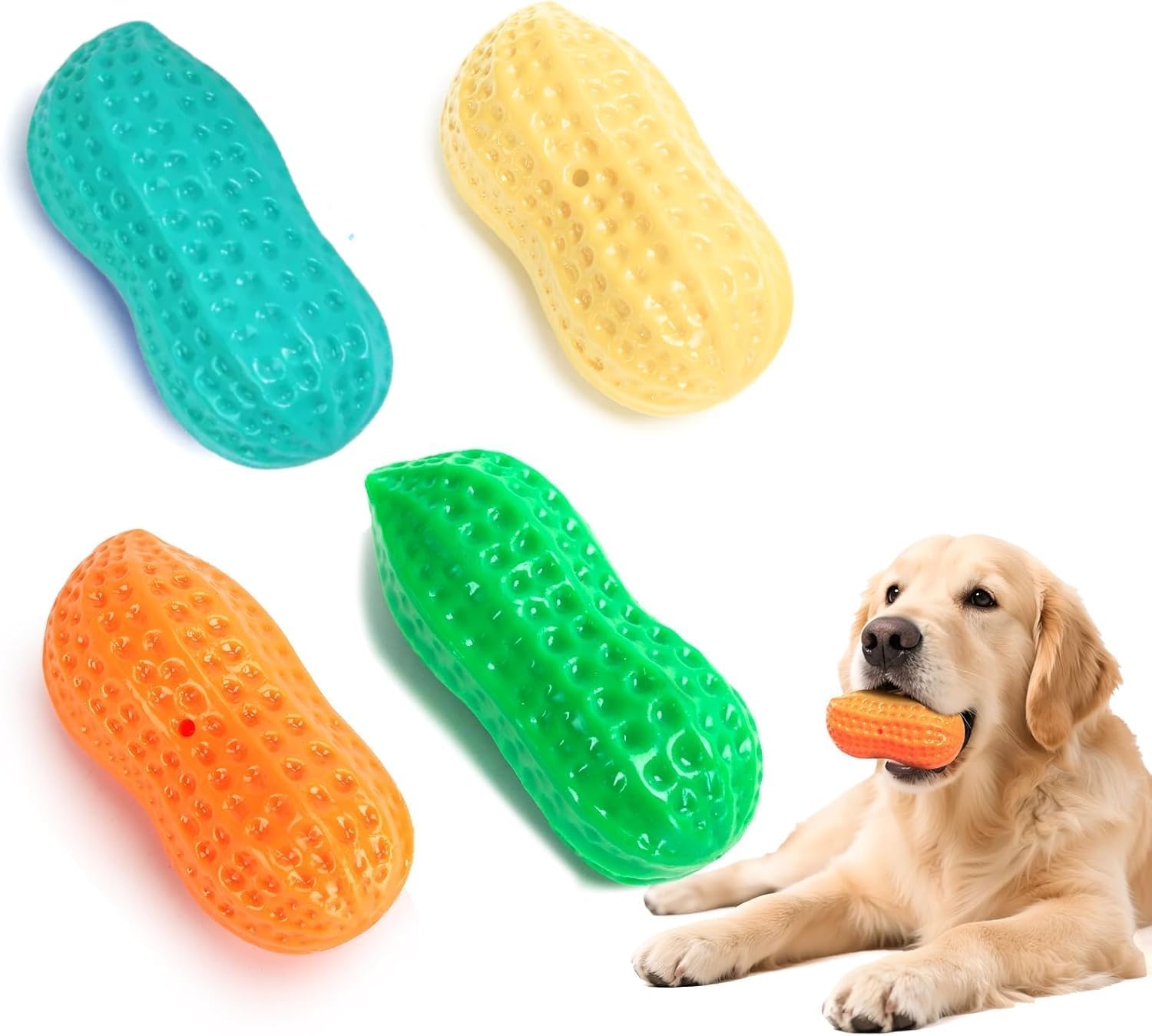 Squeaky Dog Toys, 4 Pack Peanut Chew Ball for Pet Teeth Cleaning Puppy Chew Toy, Interactive Durable for Medium Large Small Breeds Puppy Teething