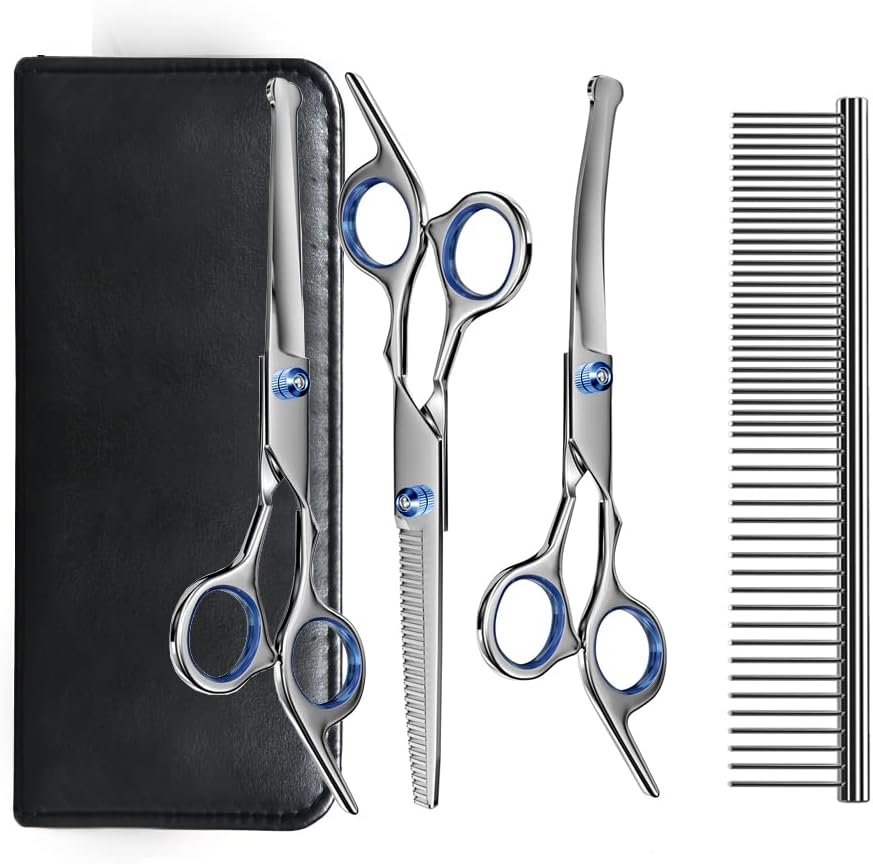 Dog Grooming Scissors Kit with Safety Round Tips, Stainless Steel Professional Dog Grooming Shears Set - Thinning, Straight, Curved Shears and Comb for Long Short Hair for Dog Cat Pet