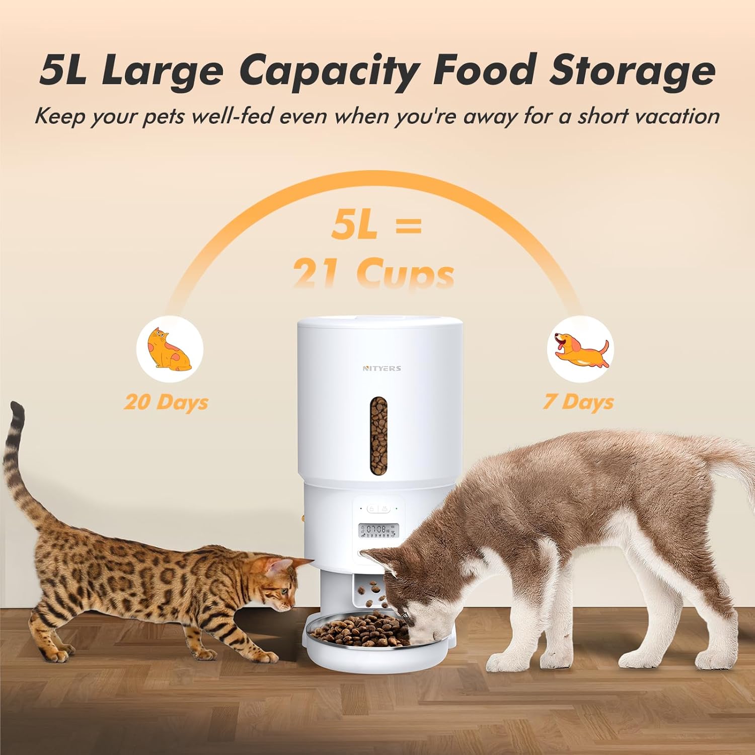 Automatic Cat Feeder, 5L/21 Cups Cat Food Dispenser with Stainless Steel Bowl & Desiccant Bag, Dual Power Supply, Up to 6 Meals, 10s Voice Recording