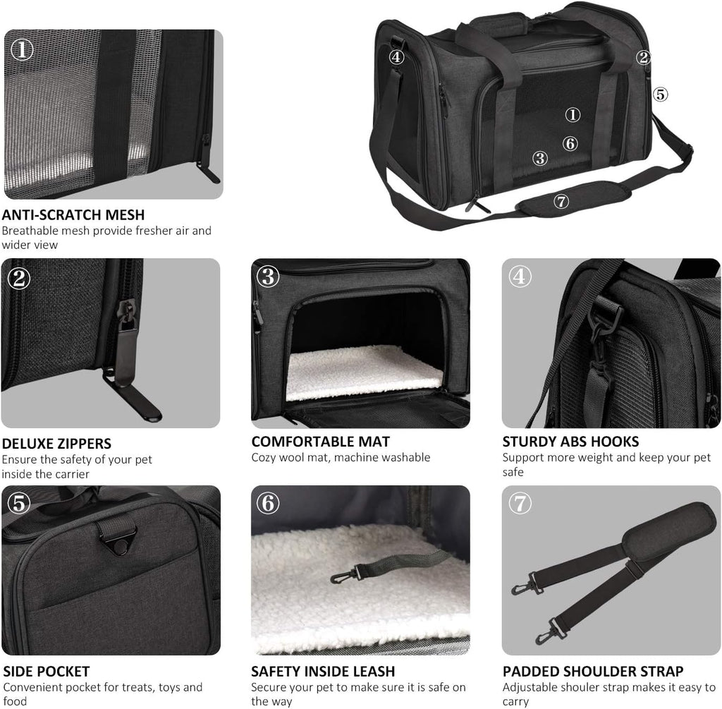 Henkelion Cat Carriers Dog Carrier Pet Carrier for Small/Medium Cats Dogs Puppies (Up to 15lbs), TSA Airline Approved Small Dog Carrier Soft Sided, Collapsible Waterproof Travel Puppy Carrier -Black