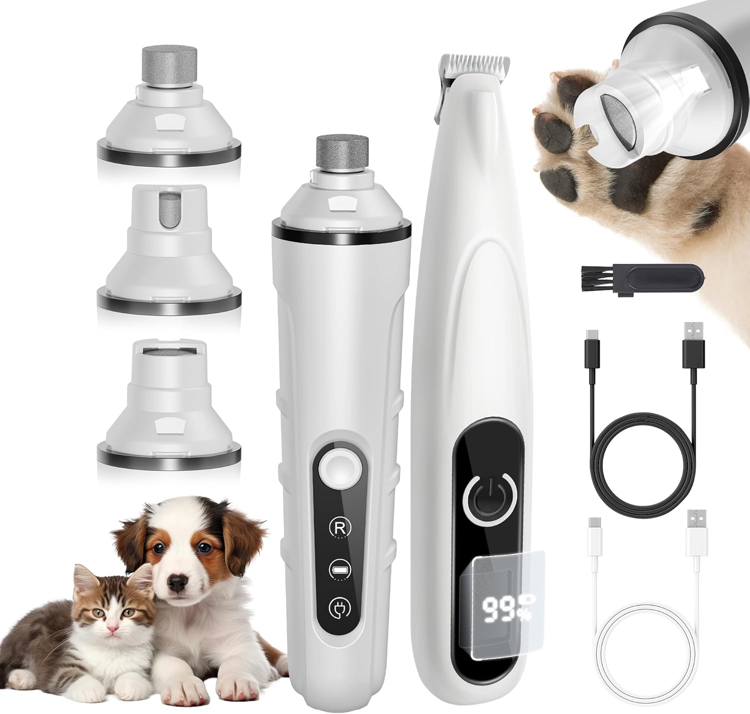 2 in 1 Dog Nail Grinder Quiet and Dog Paw Trimmer, Powerful Painless Electric Dog Nail Trimmers for Large Medium Small Dogs, Rechargeable Cordless Dog Hair Clippers for Paws, Ears, Eyes, Rump (White)