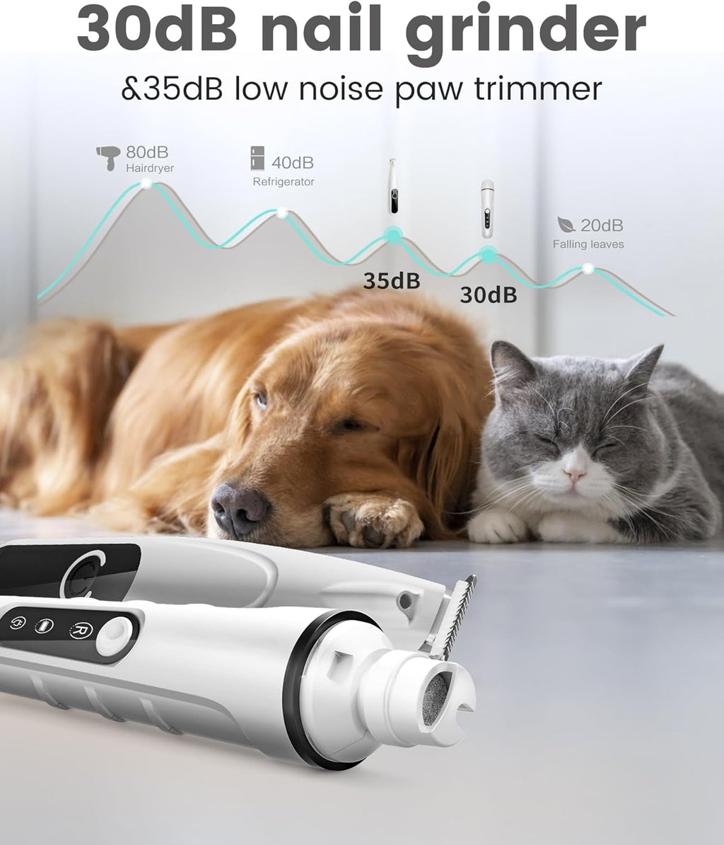 2 in 1 Dog Nail Grinder Quiet and Dog Paw Trimmer, Powerful Painless Electric Dog Nail Trimmers for Large Medium Small Dogs, Rechargeable Cordless Dog Hair Clippers for Paws, Ears, Eyes, Rump (White)