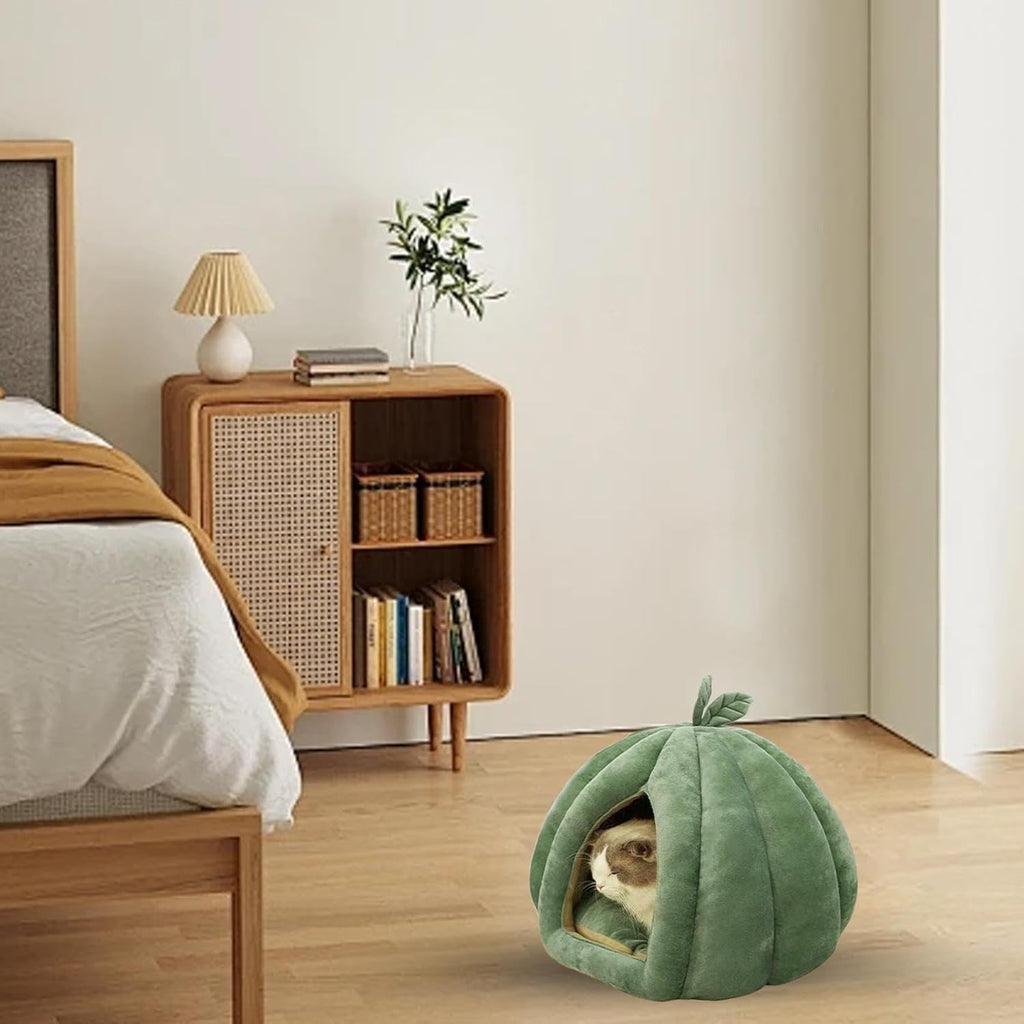Pumpkin Bed for Dog Cat, Cat Cave Bed, Cat Bed for Indoor Cats, Soft Kitten Beds Cat Tent, Winter Warm Semi-Enclosed Cat Cave Nest with Removable Washable Cushioned Pillow for Kitten Puppy