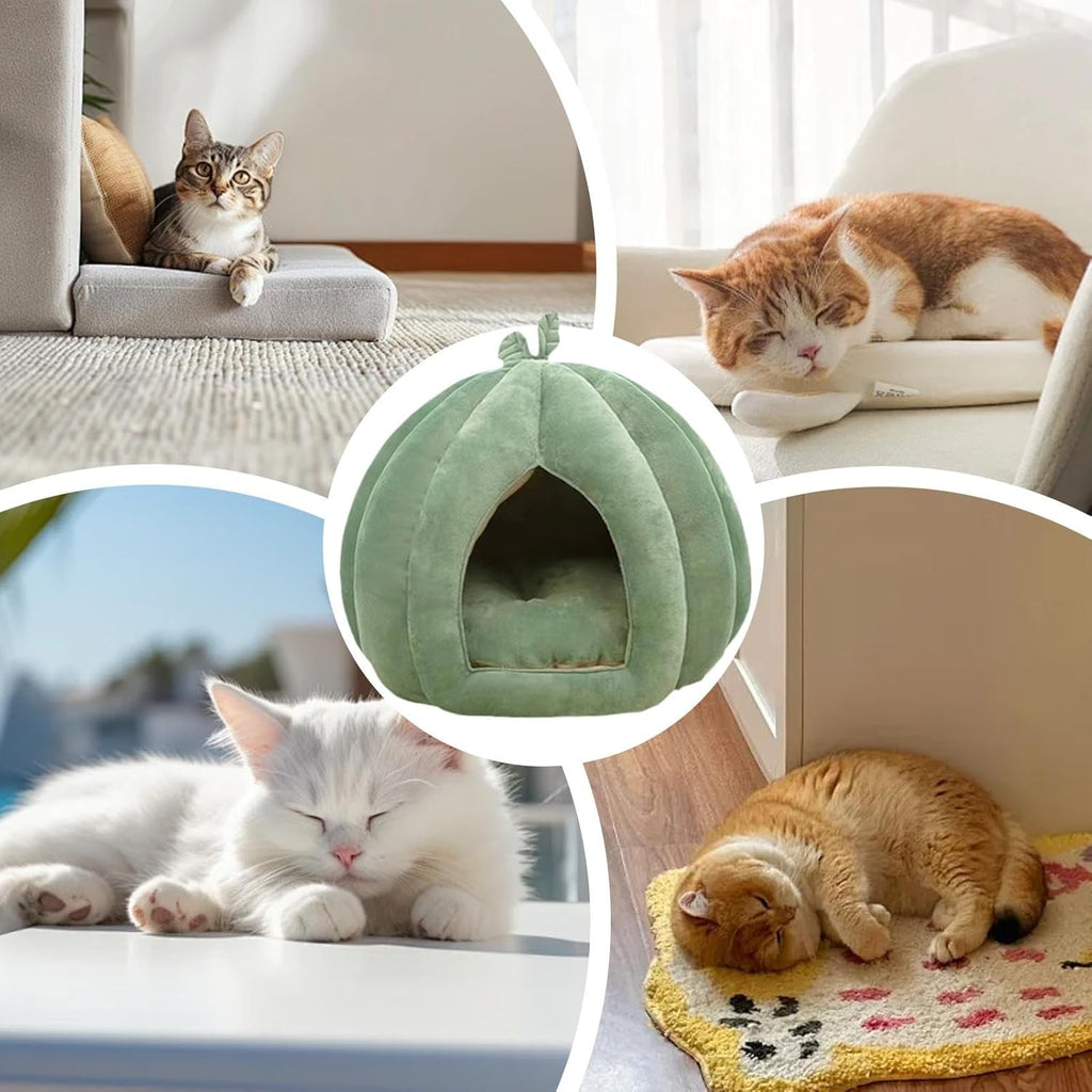 Pumpkin Bed for Dog Cat, Cat Cave Bed, Cat Bed for Indoor Cats, Soft Kitten Beds Cat Tent, Winter Warm Semi-Enclosed Cat Cave Nest with Removable Washable Cushioned Pillow for Kitten Puppy