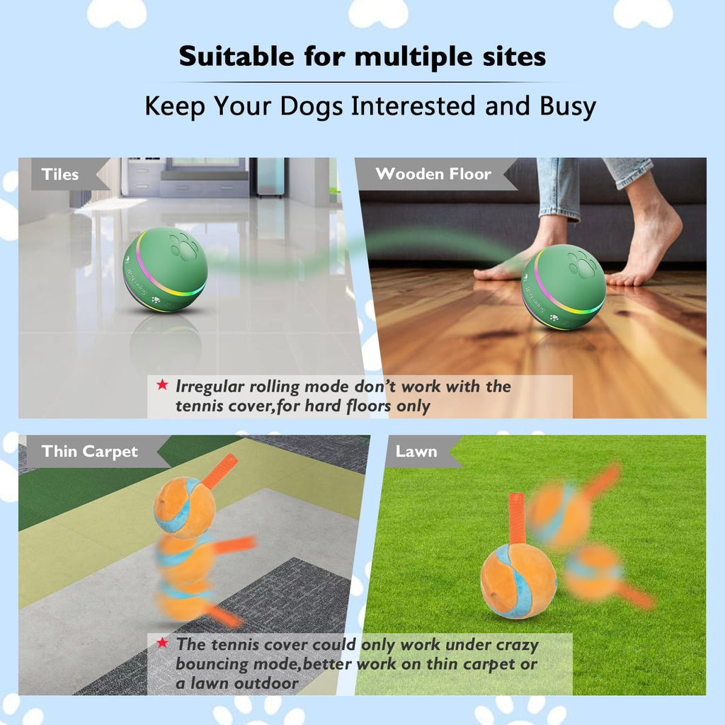 Dog Balls,The 3rd Generation Interactive Toys for Puppy/Small/Medium/Large Dogs,Improved Dog Rolling Effect Tennis Ball with Strap, Tough Motion Activated Automatic Moving Dog Toys (Green)