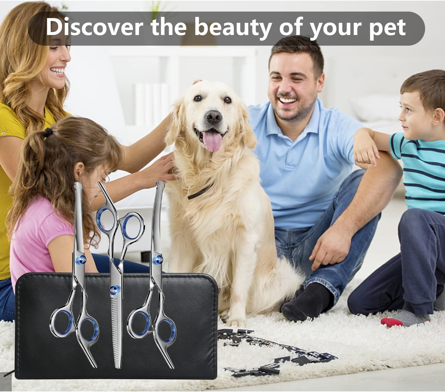 Dog Grooming Scissors Kit with Safety Round Tips, Stainless Steel Professional Dog Grooming Shears Set - Thinning, Straight, Curved Shears and Comb for Long Short Hair for Dog Cat Pet