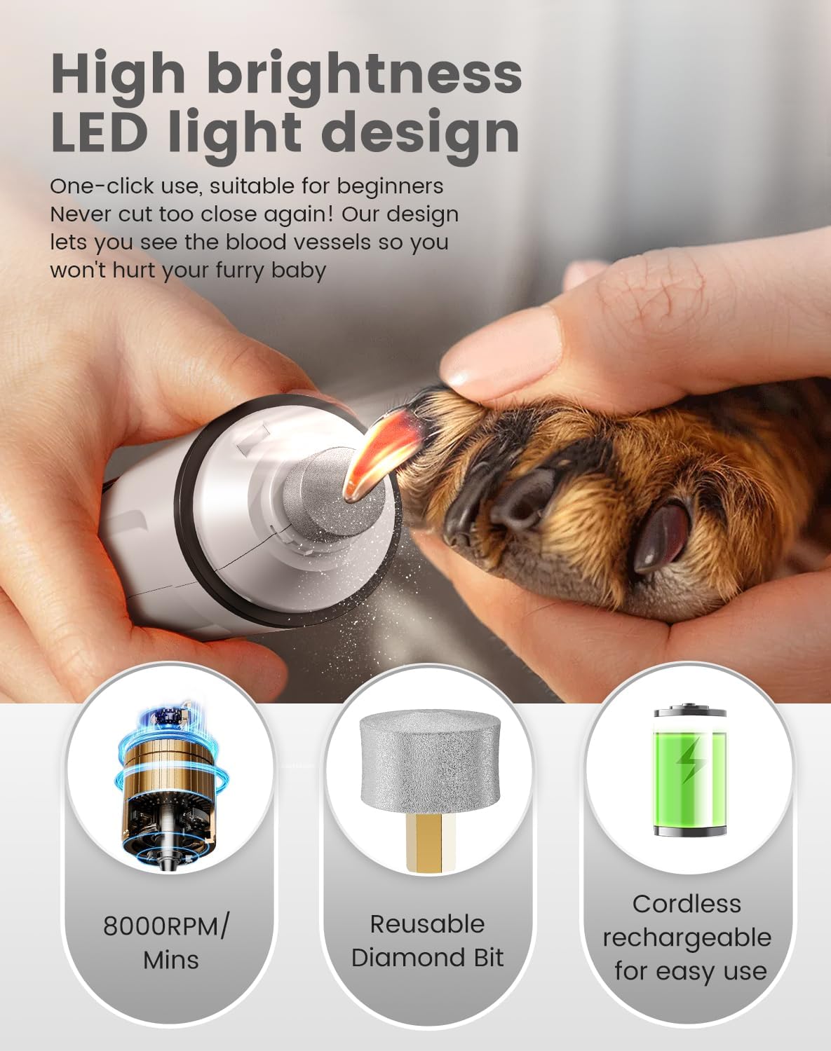 2 in 1 Dog Nail Grinder Quiet and Dog Paw Trimmer, Powerful Painless Electric Dog Nail Trimmers for Large Medium Small Dogs, Rechargeable Cordless Dog Hair Clippers for Paws, Ears, Eyes, Rump (White)