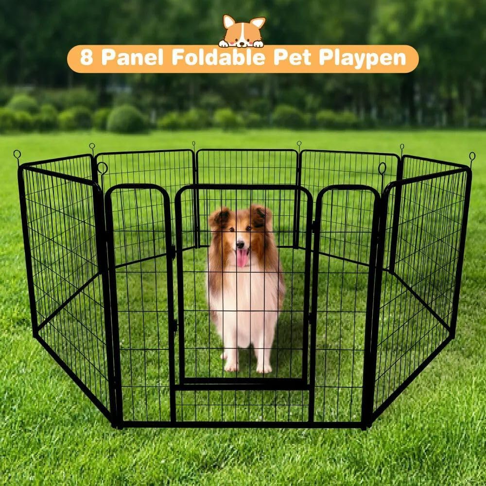 VAKA 32" Dog Playpen, 8 Panels Sturdy Metal Pet Exercise Pen, Extra Strong Folding Fence for Puppy, Rabbit, Chicken, 80cm High Portable Enclosure Fence for Indoor Outdoor Yard