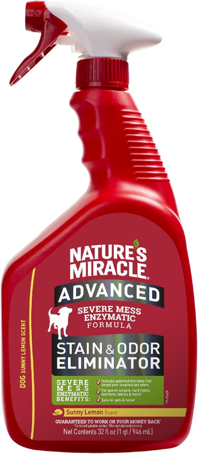 Nature’s Miracle Advanced Dog Stain And Odour Eliminator, Sunny Lemon Scent, 946ml, Severe Mess Enzymatic Formula, Pet Urine Destroyer, Multi-Surface Cleaner - Use On Carpet & Furniture, Trigger Spray