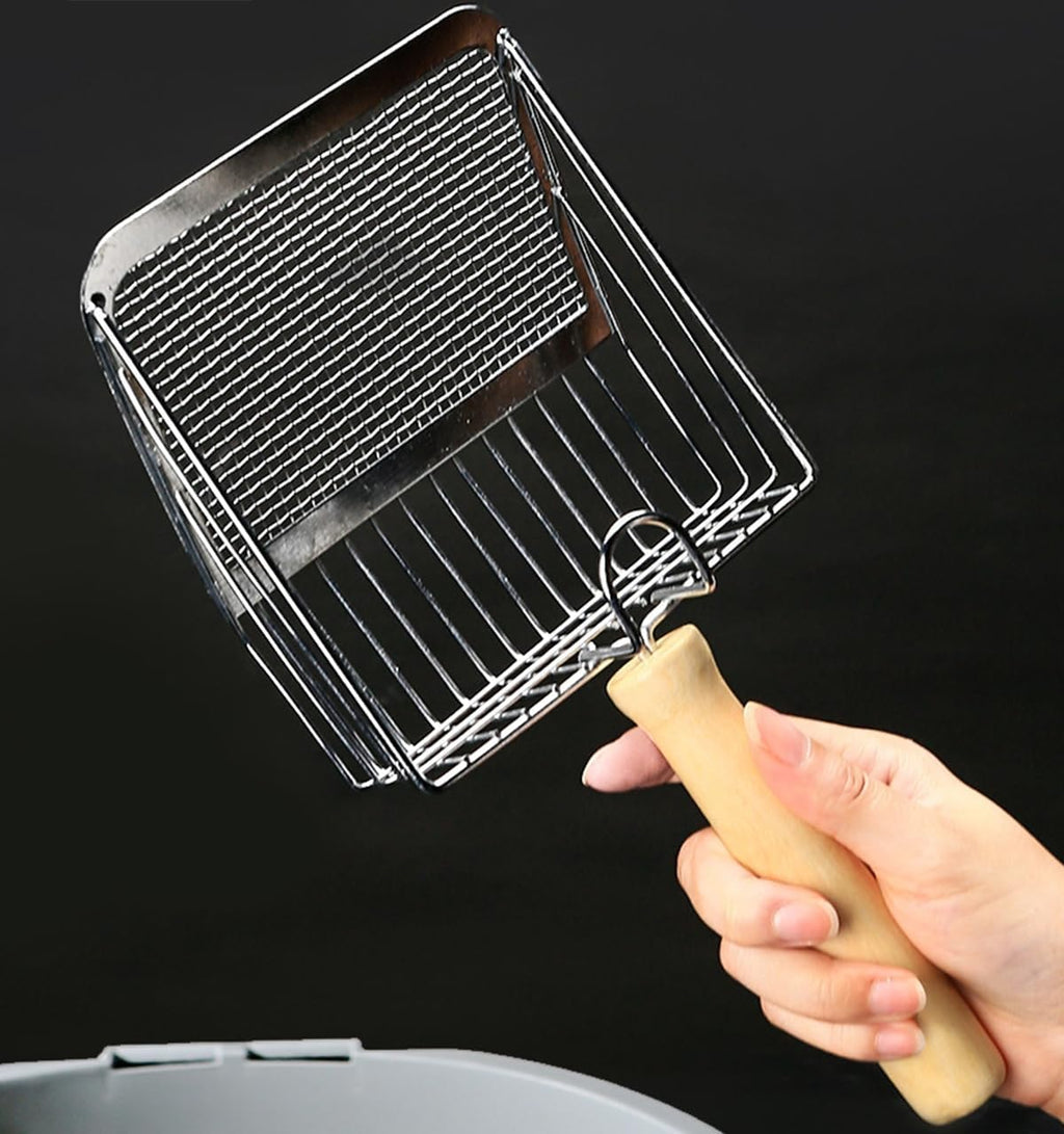 Cat Litter Shovel Wood Handle Metal Scooper with Hook Portable Stainless Steel Sifting Kitten Toilet Cleaning Tool Pet Products