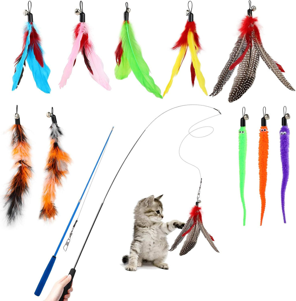 Hianjoo Feather Teaser Cat Toy Set 12 pcs, Interactive Toys for Cats 2 Retractable Cat Wand Funny Sticks and 10 Replacement Feather Teaser with Bell for Kitten Cat Catcher Having Fun Exercise Playing