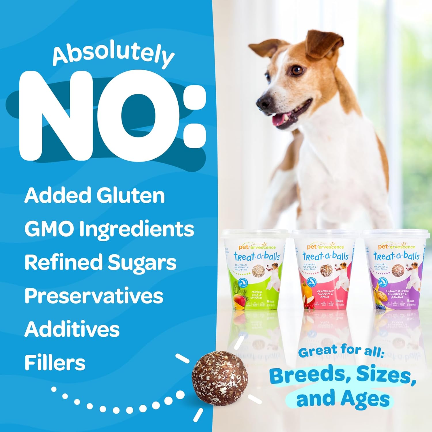 TREAT-A-BALLS Chewy & Soft Dog Treats, All Natural, Non-GMO, Vegan, Gluten Free, Low Calorie Dog Treats for All Breeds & Sizes - Made in New Zealand, Peanut Butter, Blueberry, Banana 18pk