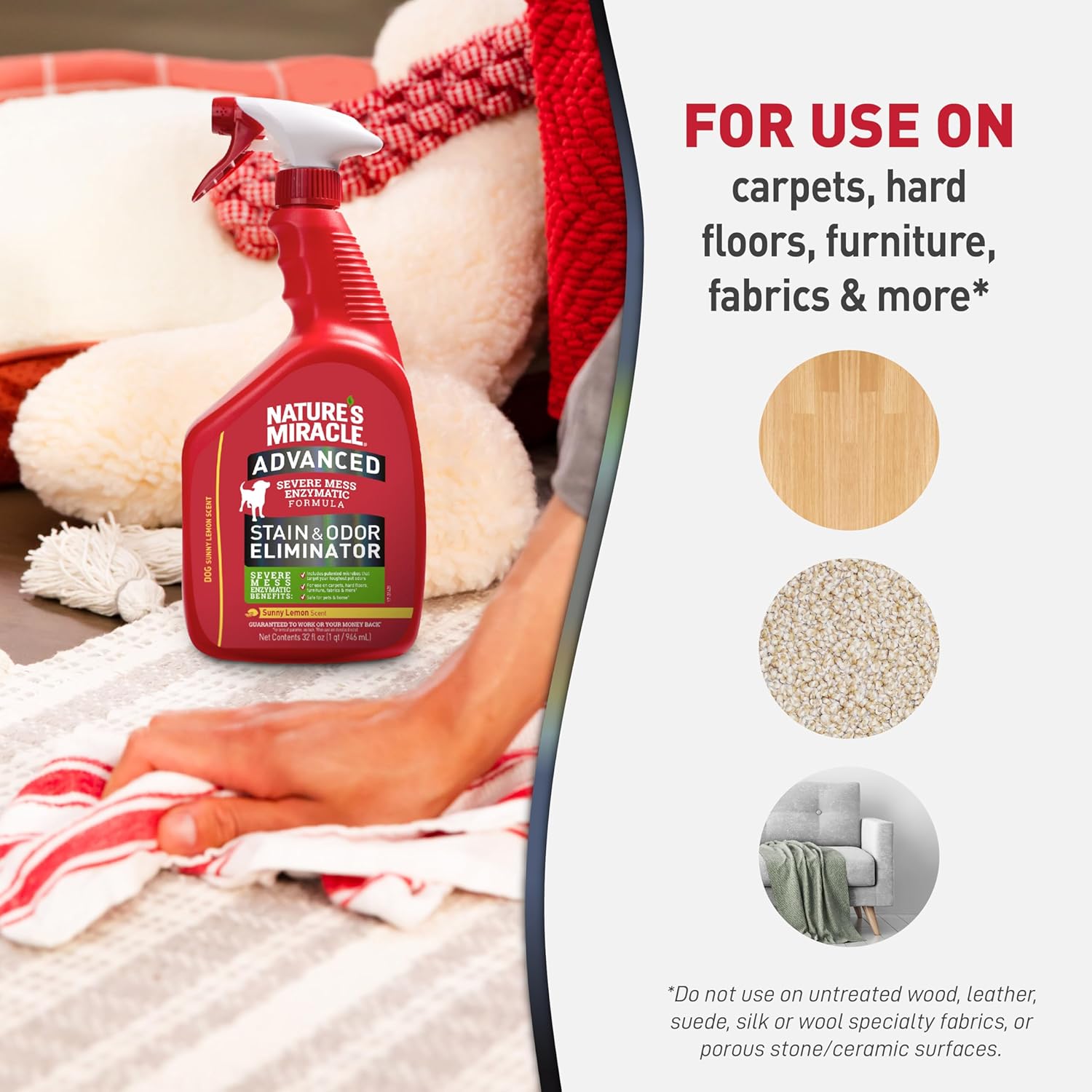 Nature’s Miracle Advanced Dog Stain And Odour Eliminator, Sunny Lemon Scent, 946ml, Severe Mess Enzymatic Formula, Pet Urine Destroyer, Multi-Surface Cleaner - Use On Carpet & Furniture, Trigger Spray