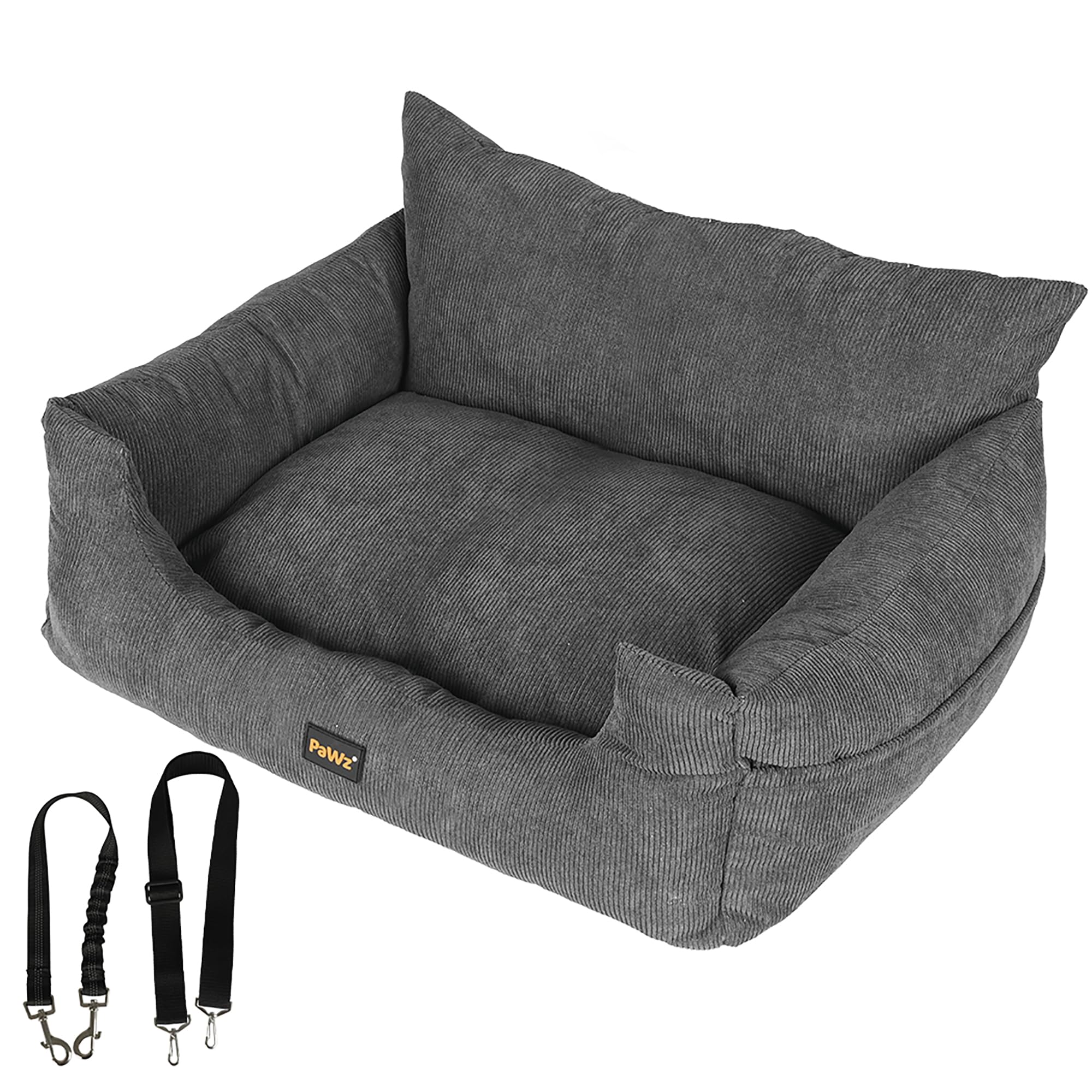 PaWz Pet Car Booster Seat Dog Protector Portable Travel Bed Removable Cover Grey M, Dog Car Seat with 2 Side Pocket, Safety Belt, 2 in 1 Pet Booster Seat Convert to Pet Bed for Front Seats
