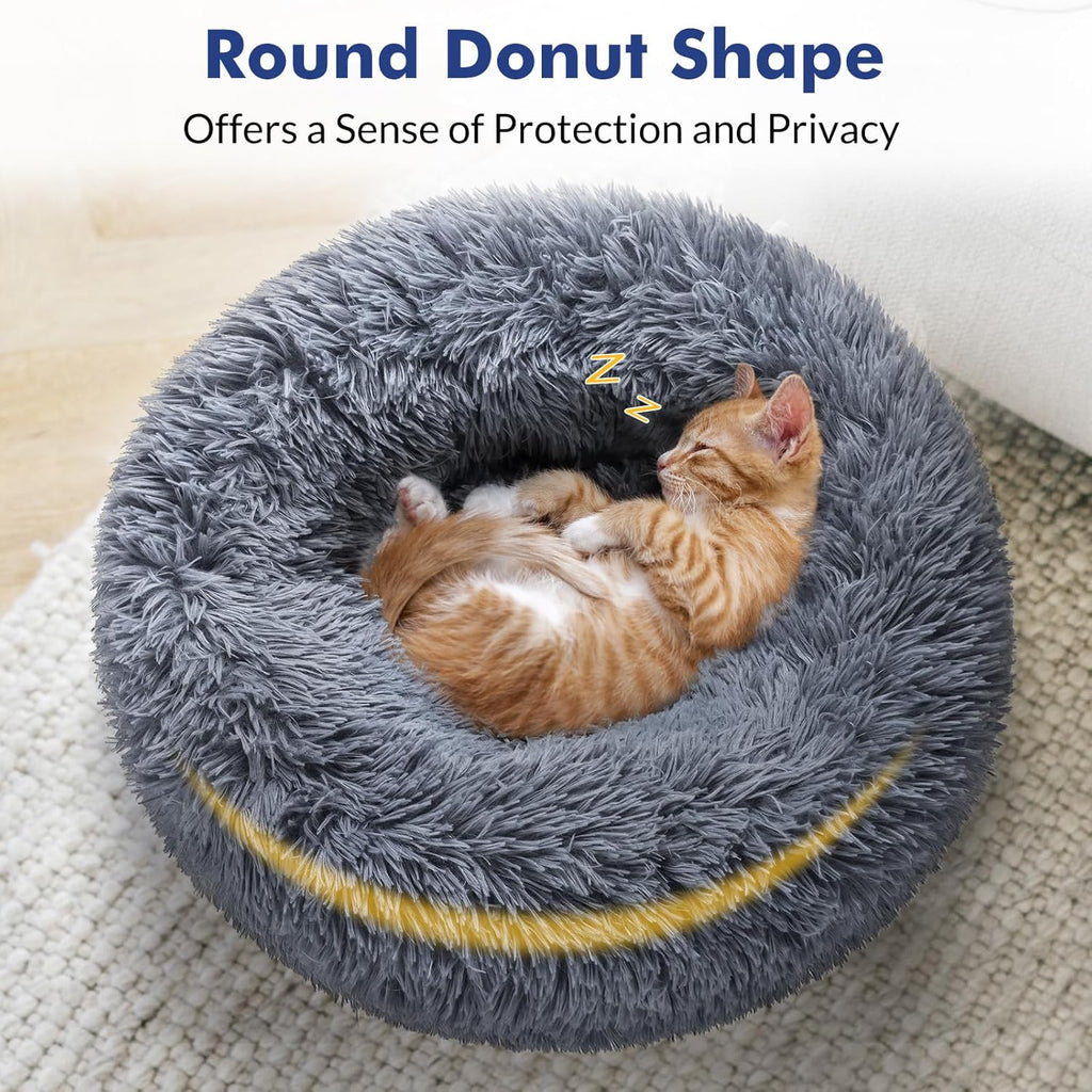 rabbitgoo Cat Beds for Indoor Cats, 20 inches Cat Bed Machine Washable, Fluffy Round Pet Bed Non-Slip, Calming Soft Plush Donut Cuddler Cushion Self Warming for Small Dogs Kittens, Dark Grey, Medium