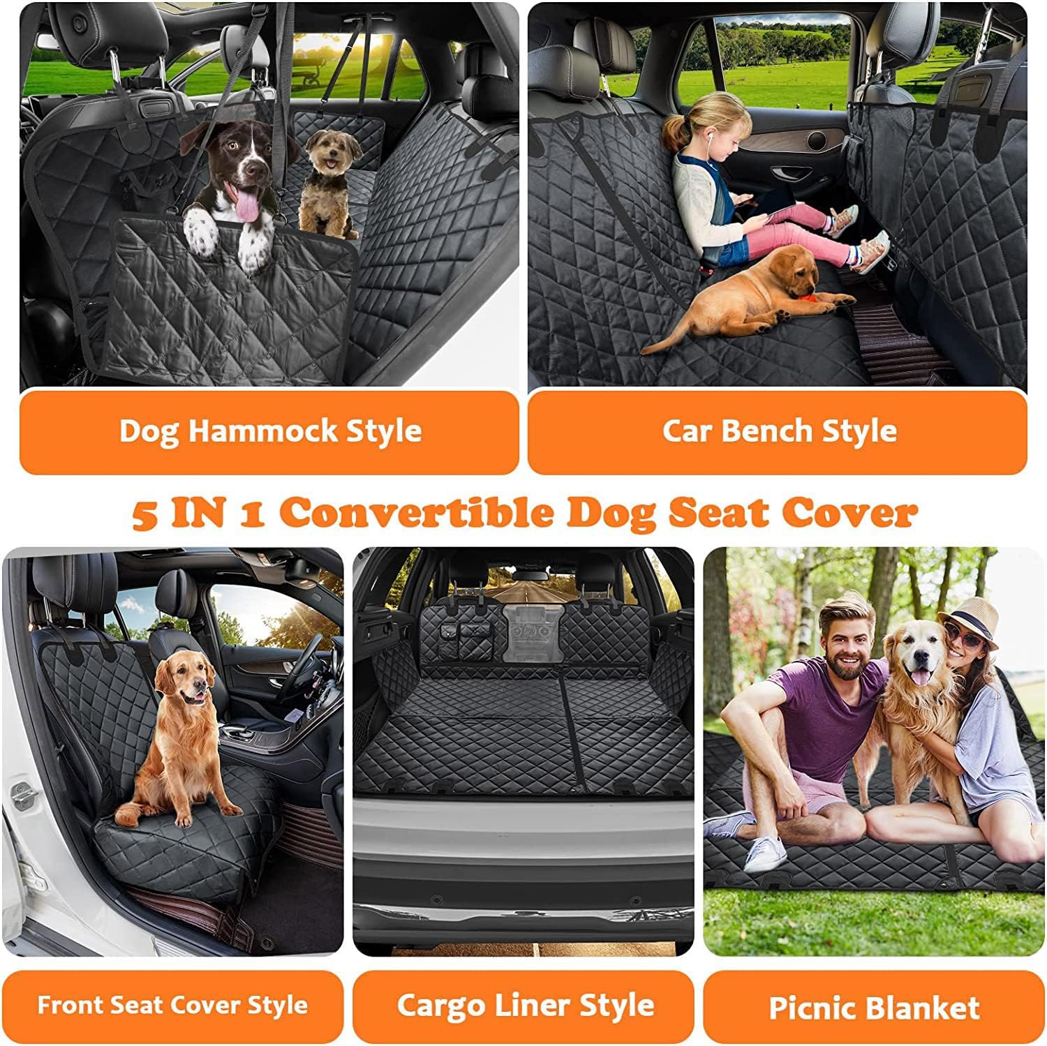 WOWBABEPETS 5-in-1 Convertible Dog Car Seat Cover for Back Seat 100% Waterproof Dog Car Hammock Nonslip Backseat Dog Cover with Mesh Window Pet Seat Protector for Cars, Trucks and SUVs