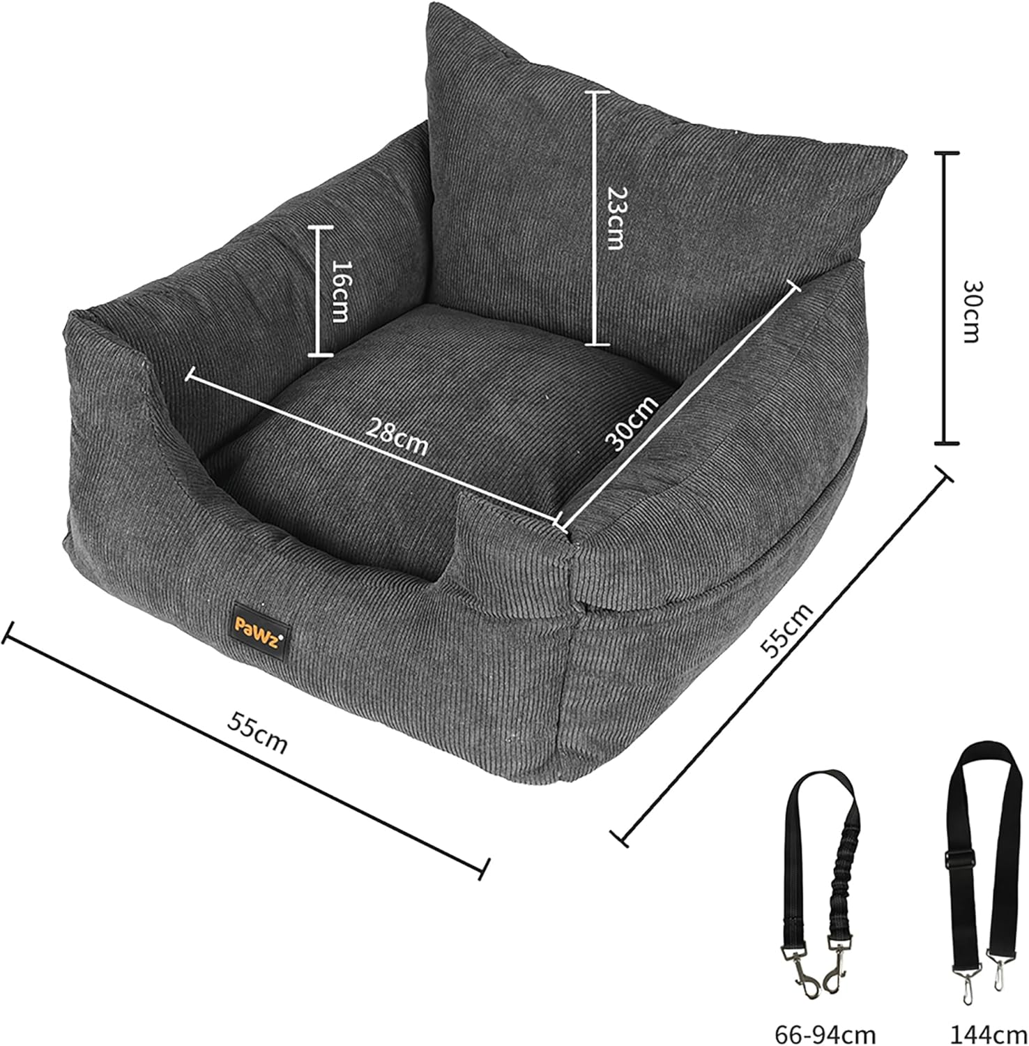 PaWz Pet Car Booster Seat Dog Protector Portable Travel Bed Removable Cover Grey M, Dog Car Seat with 2 Side Pocket, Safety Belt, 2 in 1 Pet Booster Seat Convert to Pet Bed for Front Seats