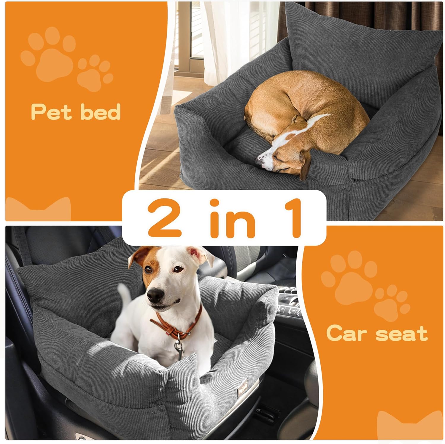 PaWz Pet Car Booster Seat Dog Protector Portable Travel Bed Removable Cover Grey M, Dog Car Seat with 2 Side Pocket, Safety Belt, 2 in 1 Pet Booster Seat Convert to Pet Bed for Front Seats